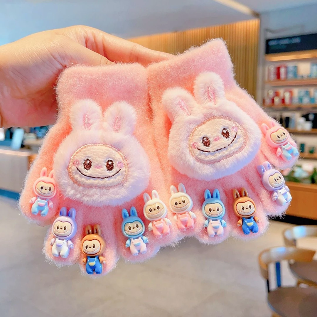 幼儿卡通风手套女秋冬毛绒2025加厚2025年秋季半指