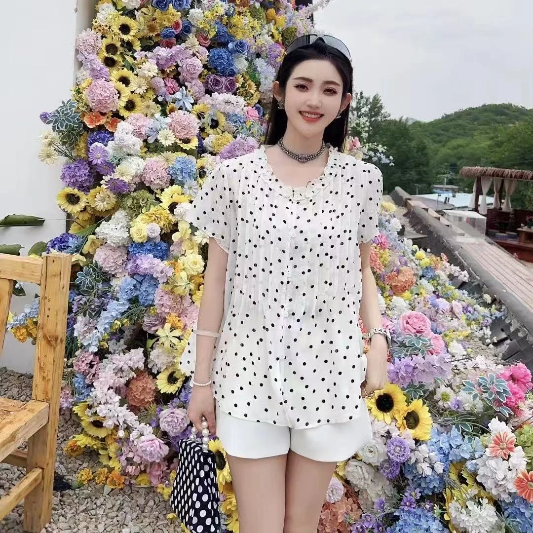 胖胖家*9528新款波点花边减龄显瘦上衣