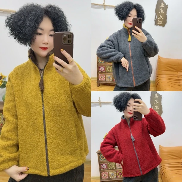 2663#羊羔绒加绒外套「衣长约62cm」
