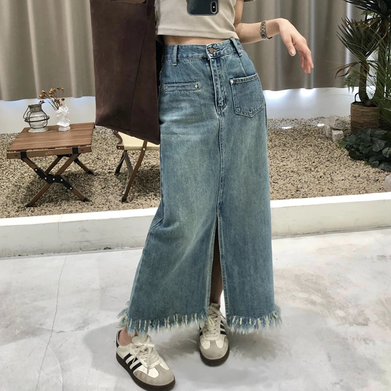 夏季流苏中长款牛仔半身裙女春季小个子高腰复古开叉毛边a字半裙