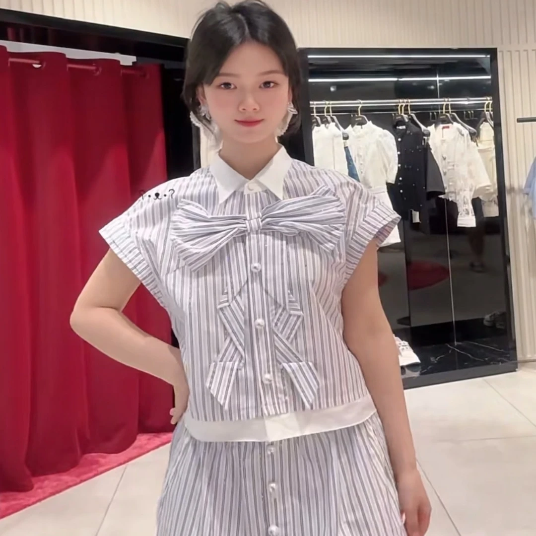 YOYO高定no退no换蓝色条纹烫钻蝴蝶结短袖衬衫衬衣半裙