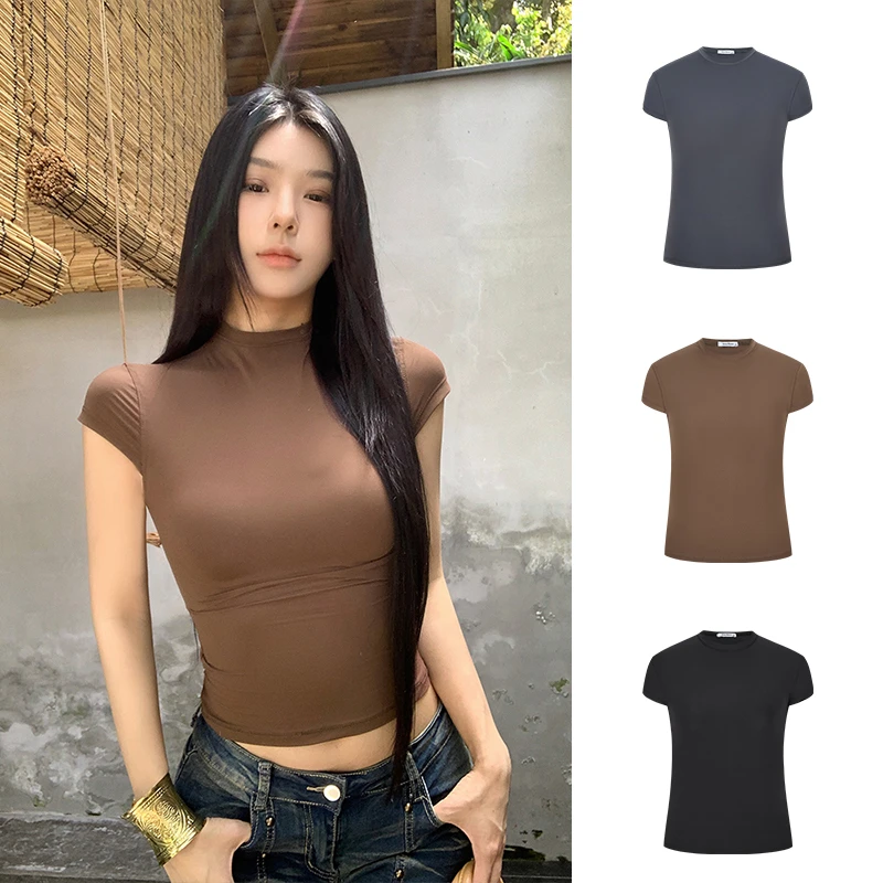 Moses Queen/魔西女王美式显瘦半高领时髦上衣辣妹紧身短袖T恤夏