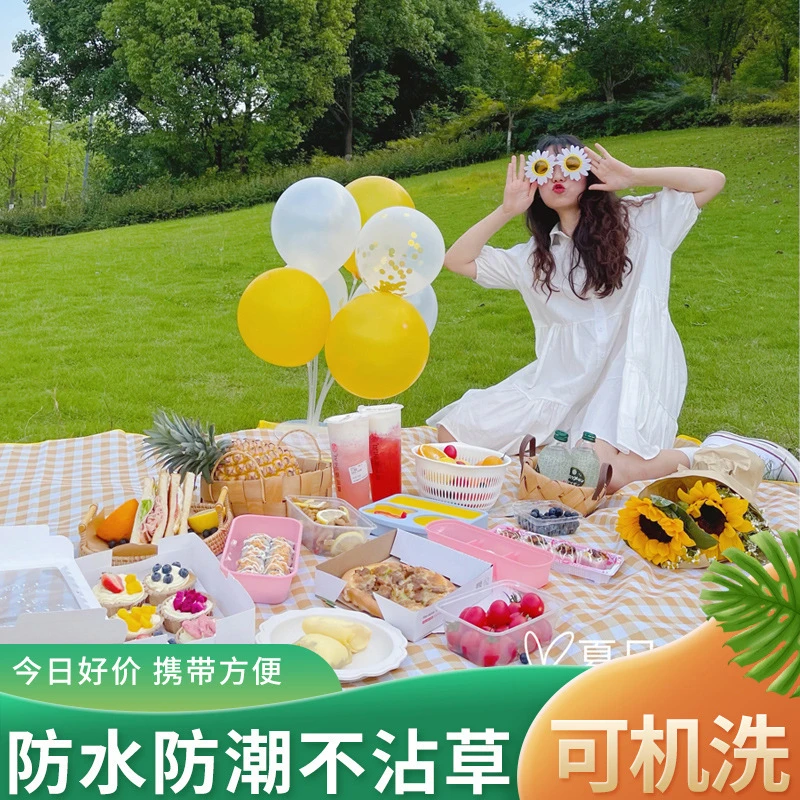 2米花色牛津布野餐垫防水黄色格子折叠野餐垫户外野餐垫防潮垫