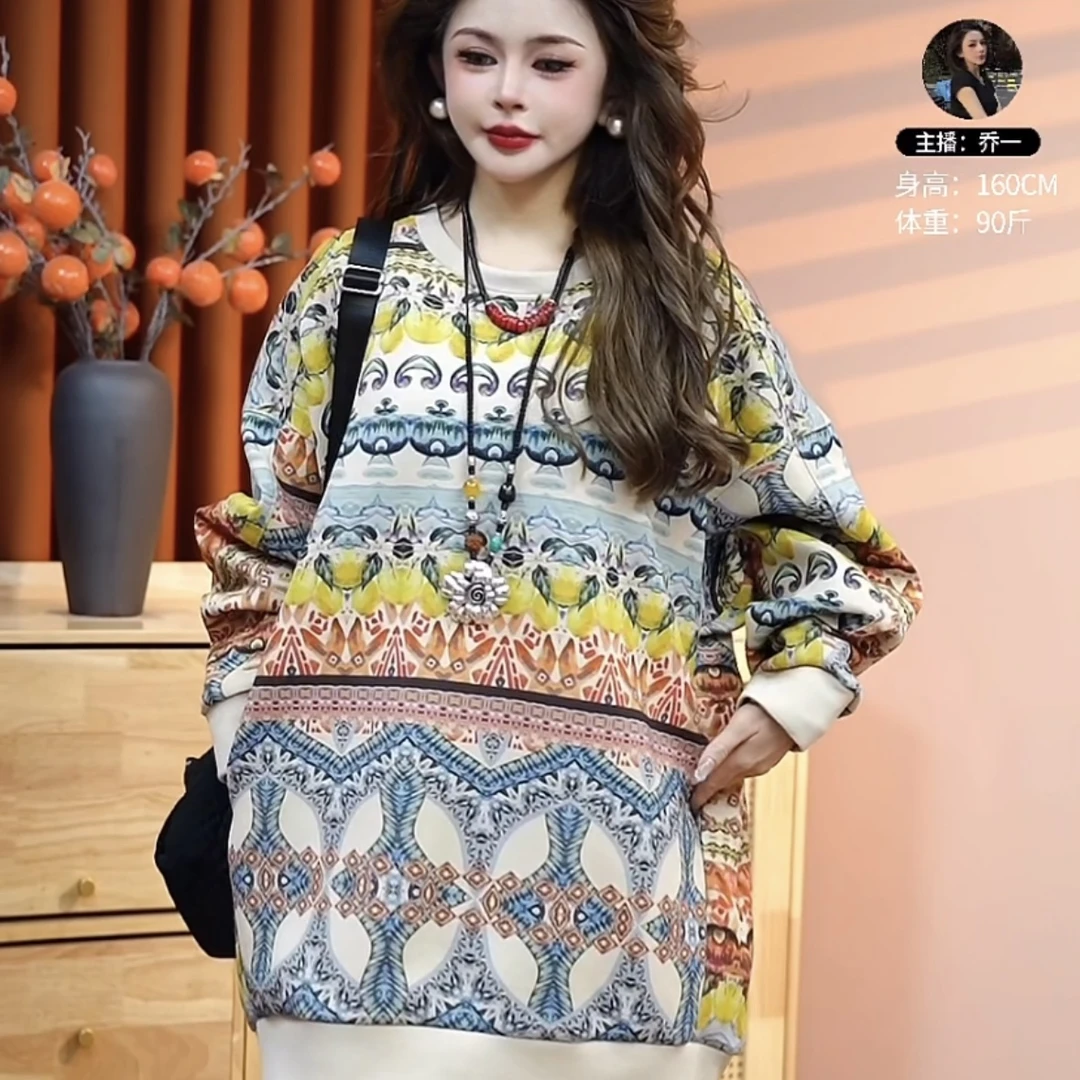 2025春季新款印花中式时尚拼接大版圆领女款长袖宽松卫衣25964