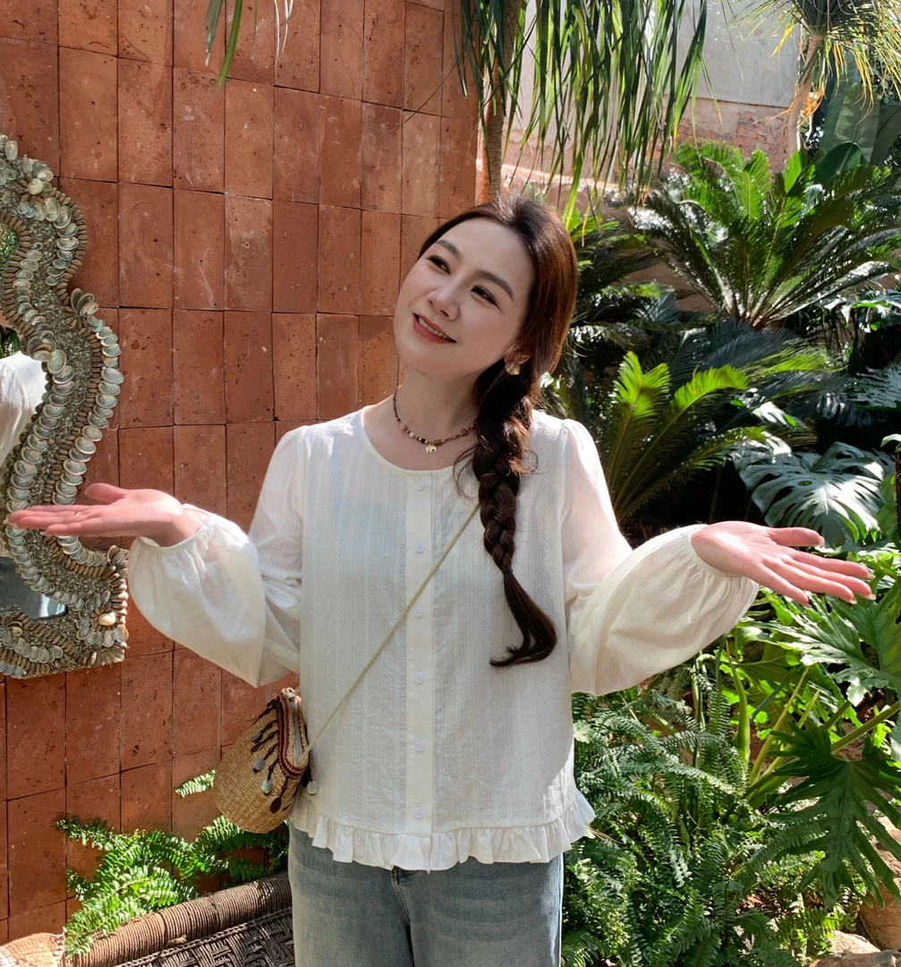 NANJIE/楠姐【氧气苏打】肌理绣棉圆领宽松显瘦气质衬衫XNS6252