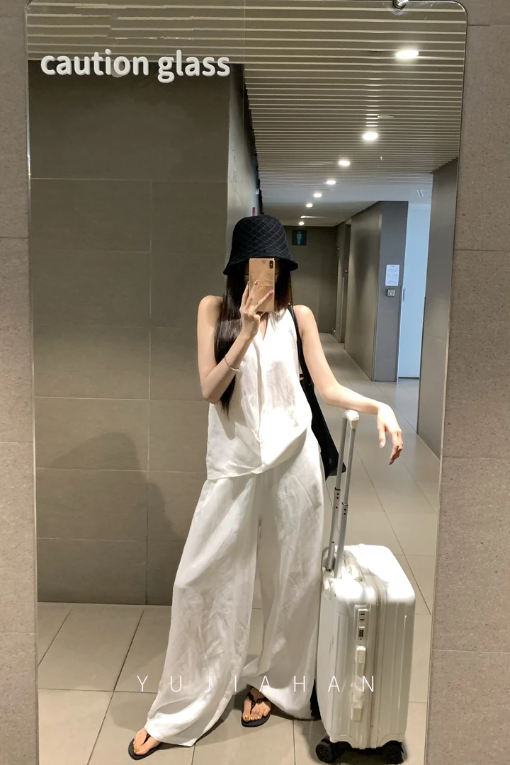 YUJIAHAN于佳含-【天丝亚麻】巨好看气质白色挂脖上衣阔腿裤套装女
