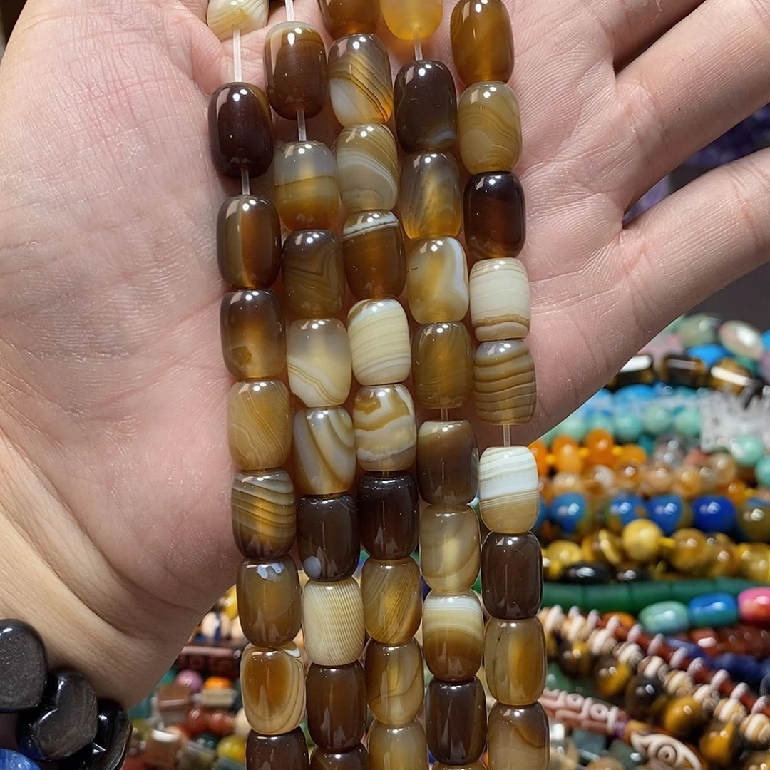 石英质玉未镶嵌，美拉德缠丝玛瑙桶珠10×14mm，