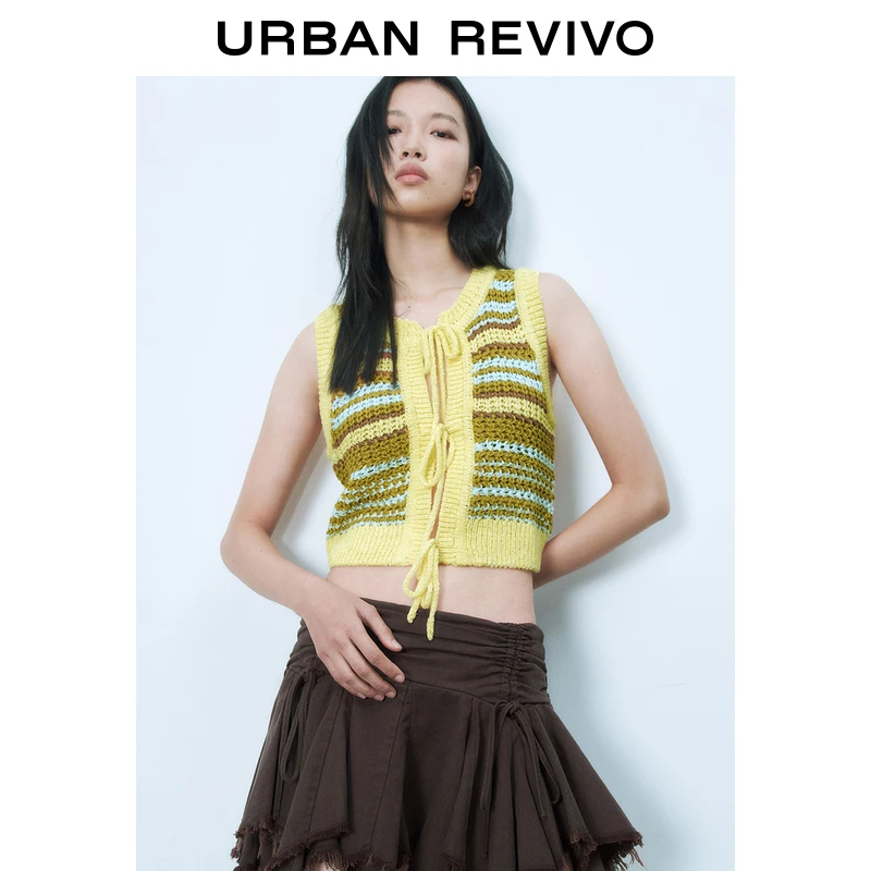 UR2025春季新款女装欧若风撞色编织肌理感系带针织衫UYL950037