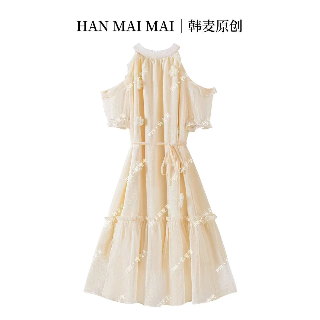 法式甜美温柔风露肩立体花朵泡泡袖连衣裙子女夏季天中长款/D04