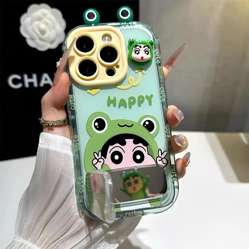 可爱ins青蛙小新镜面支架适用苹果16promax手机壳防摔iPhone15pro
