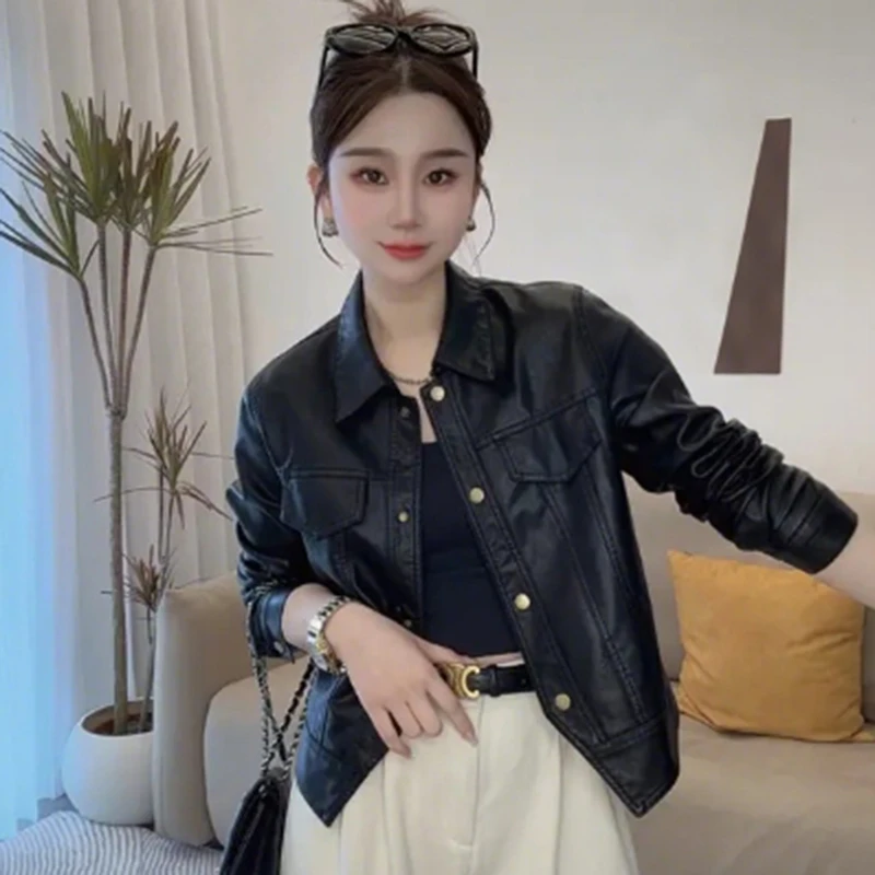 百搭气质独特长袖皮衣女2025春季机车洋气休闲小众设计感上衣