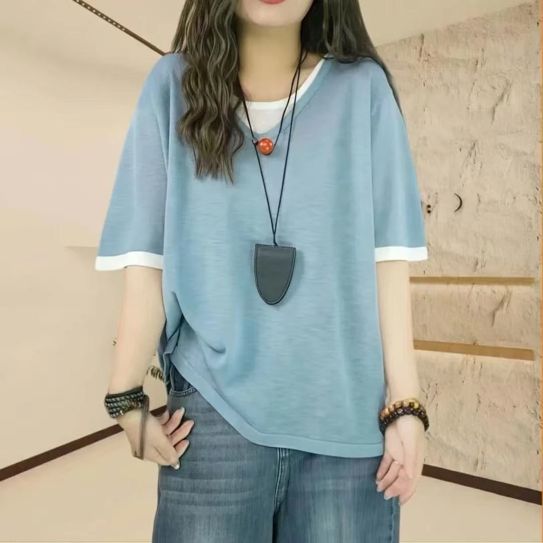 夏季宽松短袖假两件T恤女新款休闲百搭时尚宽松显瘦撞色V领上衣