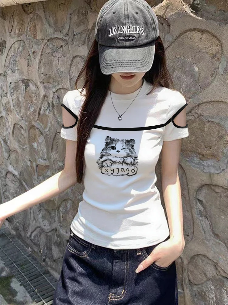 夏季显瘦韩版圆领t恤女短袖修身露肩拼接百搭洋气白色打底衫短款