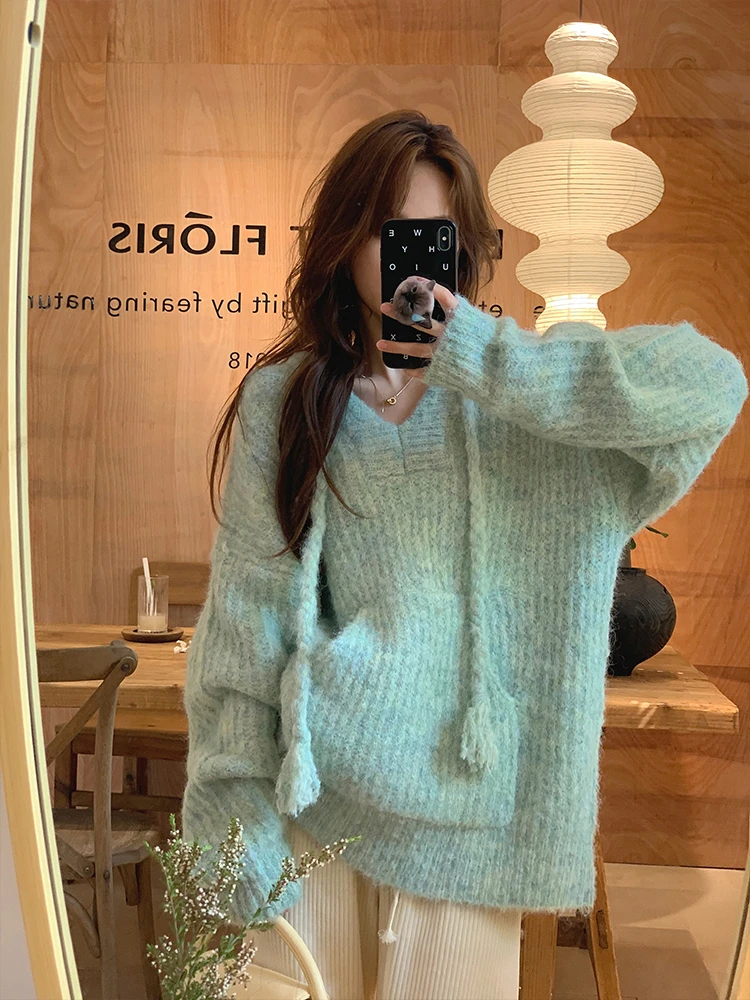 韩系早秋氛围感连帽卫衣毛衣慵懒风软糯宽松大版加厚针织衫女