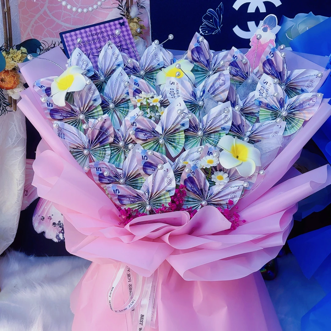 浪漫小清新有钱花爆款蝴蝶花束半成品包装DIY材料同城配送紫色