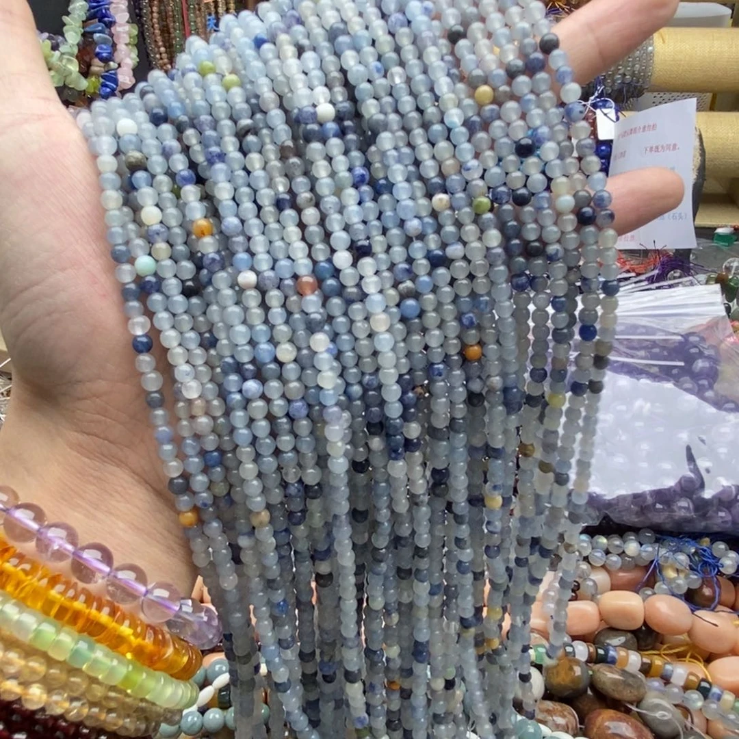 玛瑙/玉髓未镶嵌珠宝半成品两条天然4.4mm透体蓝东岭玉圆珠