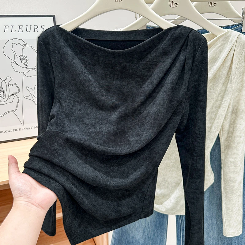 黑色高档一字领露肩设计套头T恤女秋冬新款长袖修身扎染打底上衣