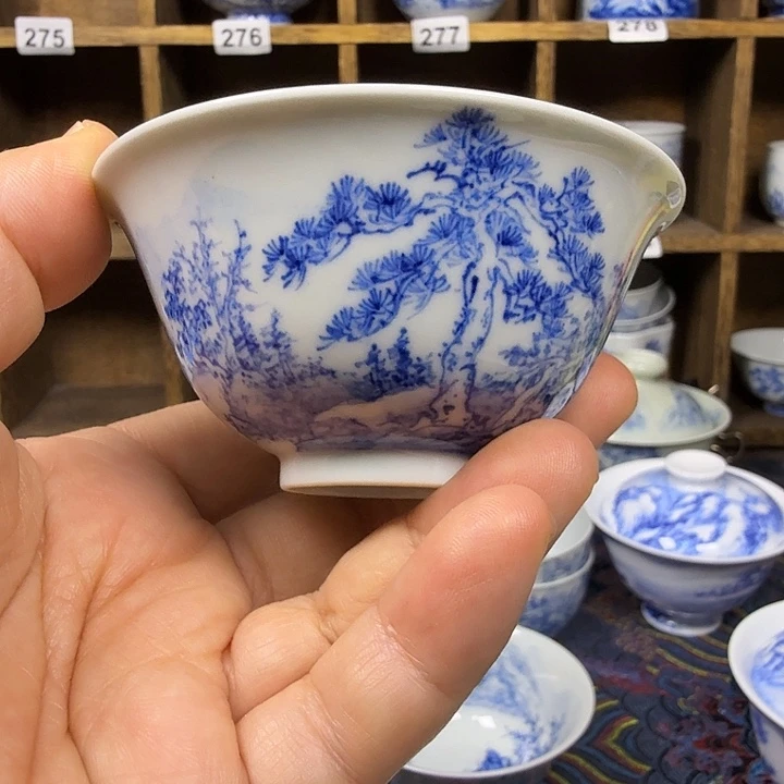 风***大釉下青花瓷器山水杯