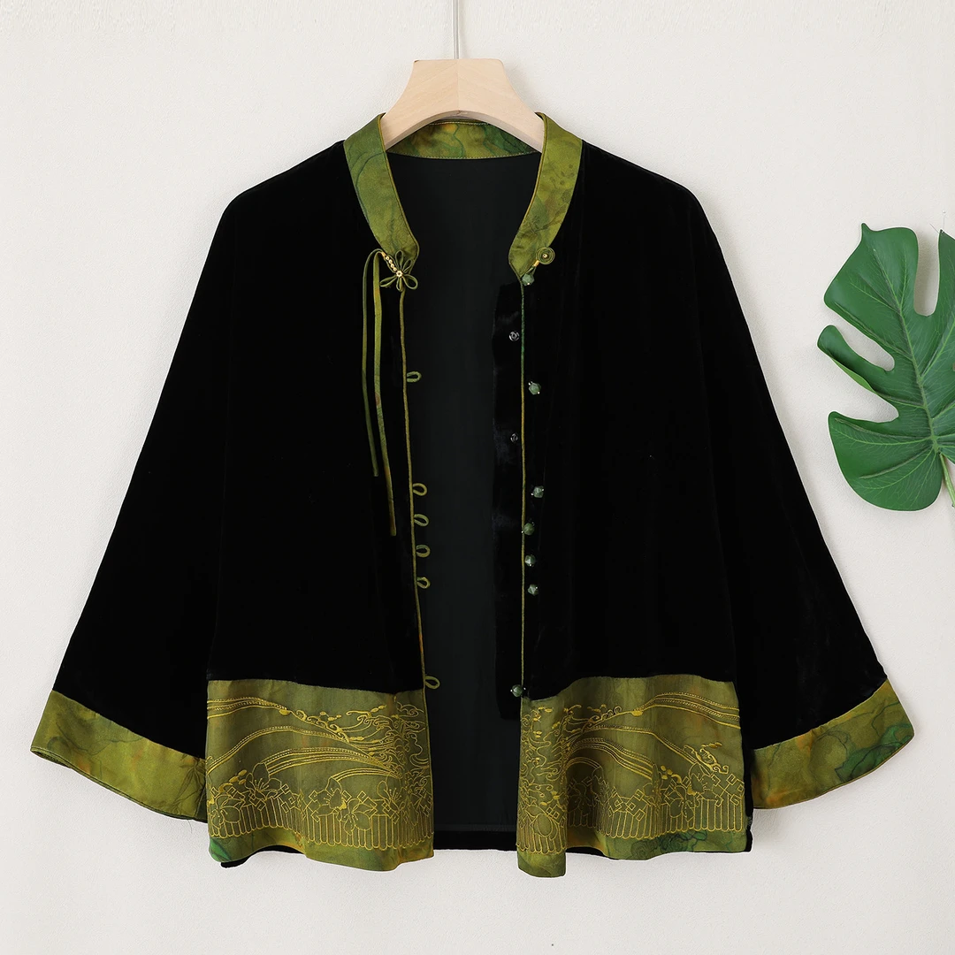 新中式真丝绒立领盘扣外套女宽松百搭时尚复古中国风上衣Z11001