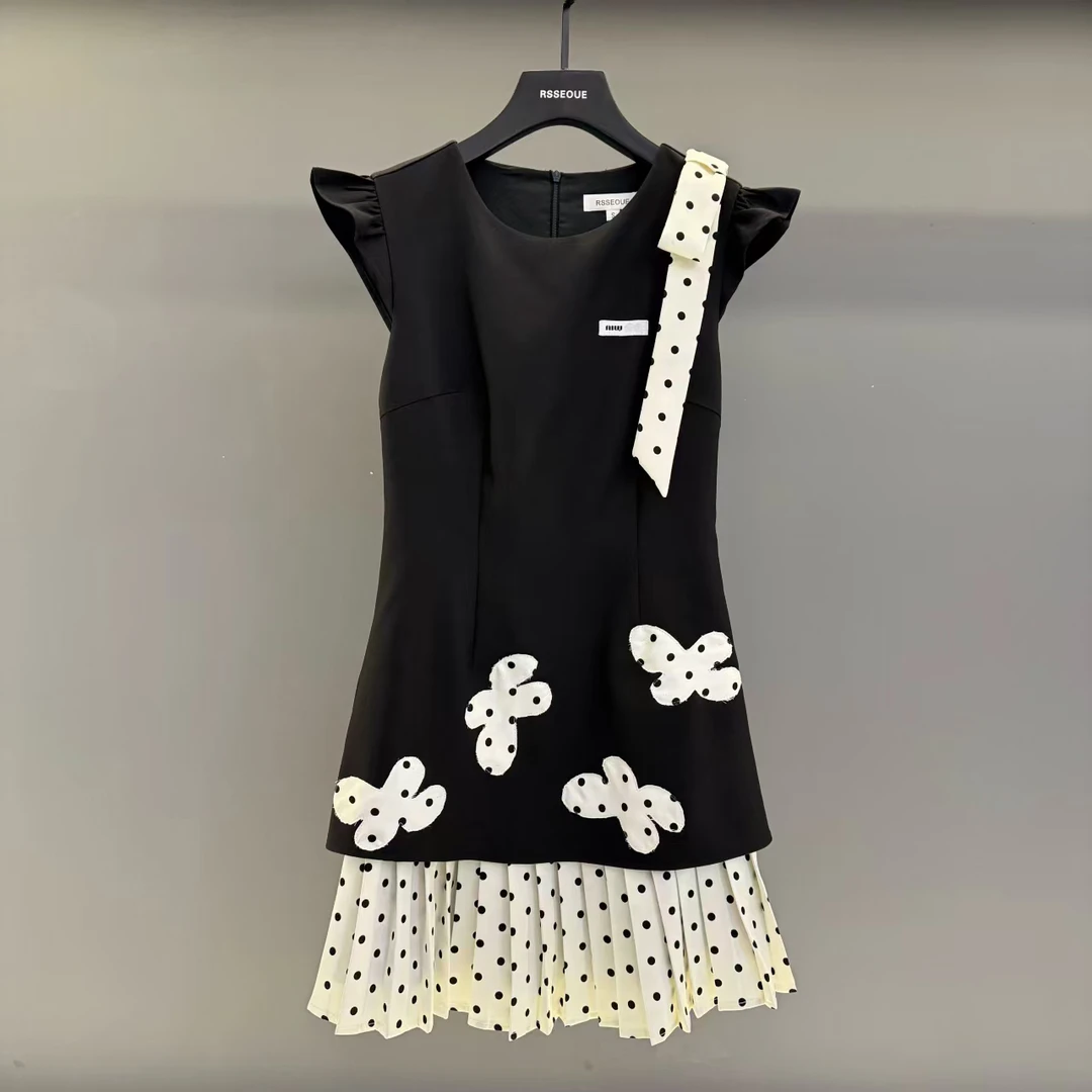 法式气质时髦夏季新款拼接设计感百褶波点蝴蝶结系带连衣裙L9604