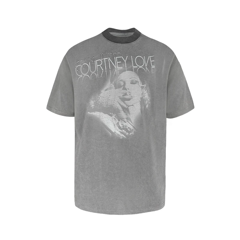 Night Lab*(NL) 摇滚女人像2000's古早视觉烫钉灰色水洗宽松短袖