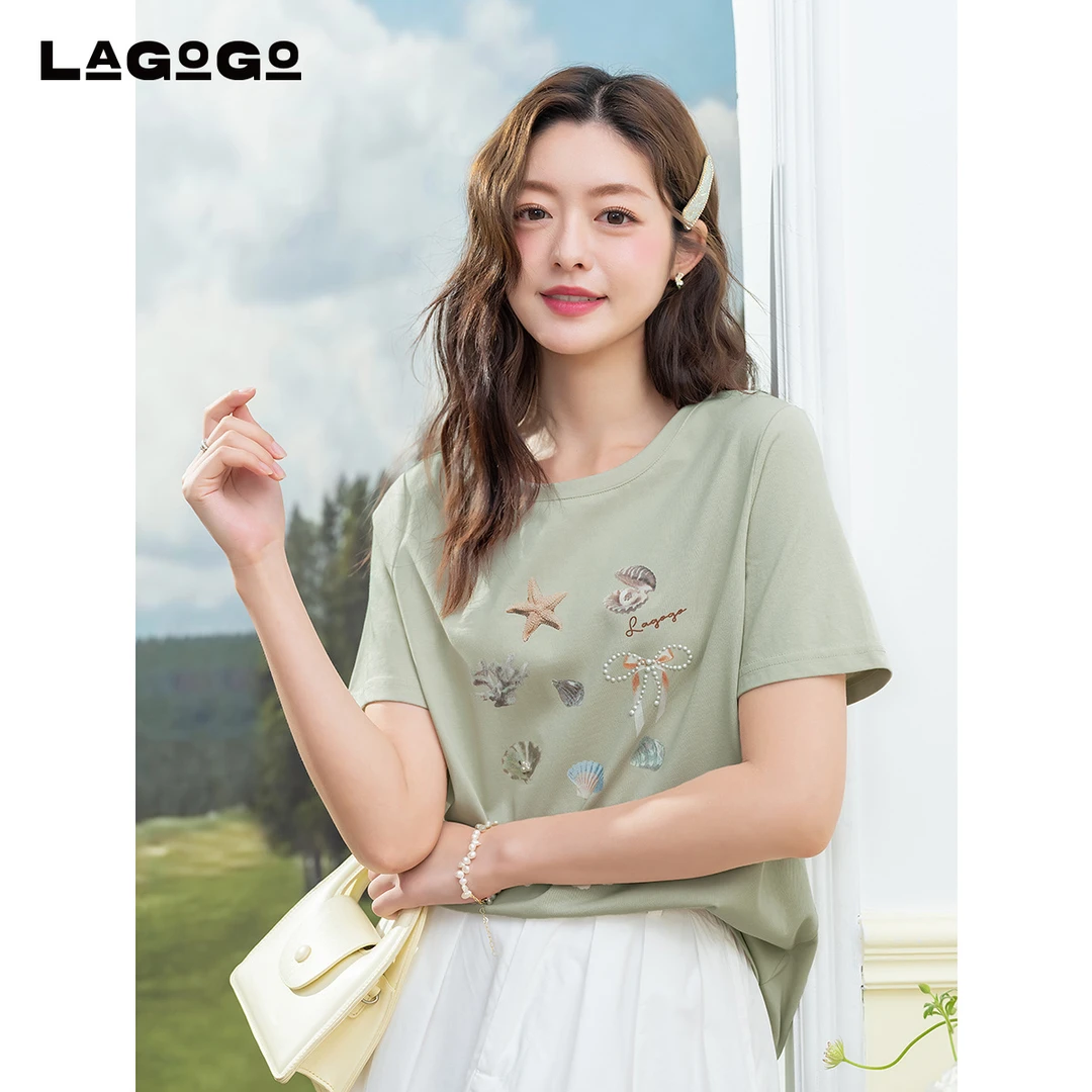 lagogo拉谷谷2025年新款显白百搭烫珠印花T恤女OATT315F07