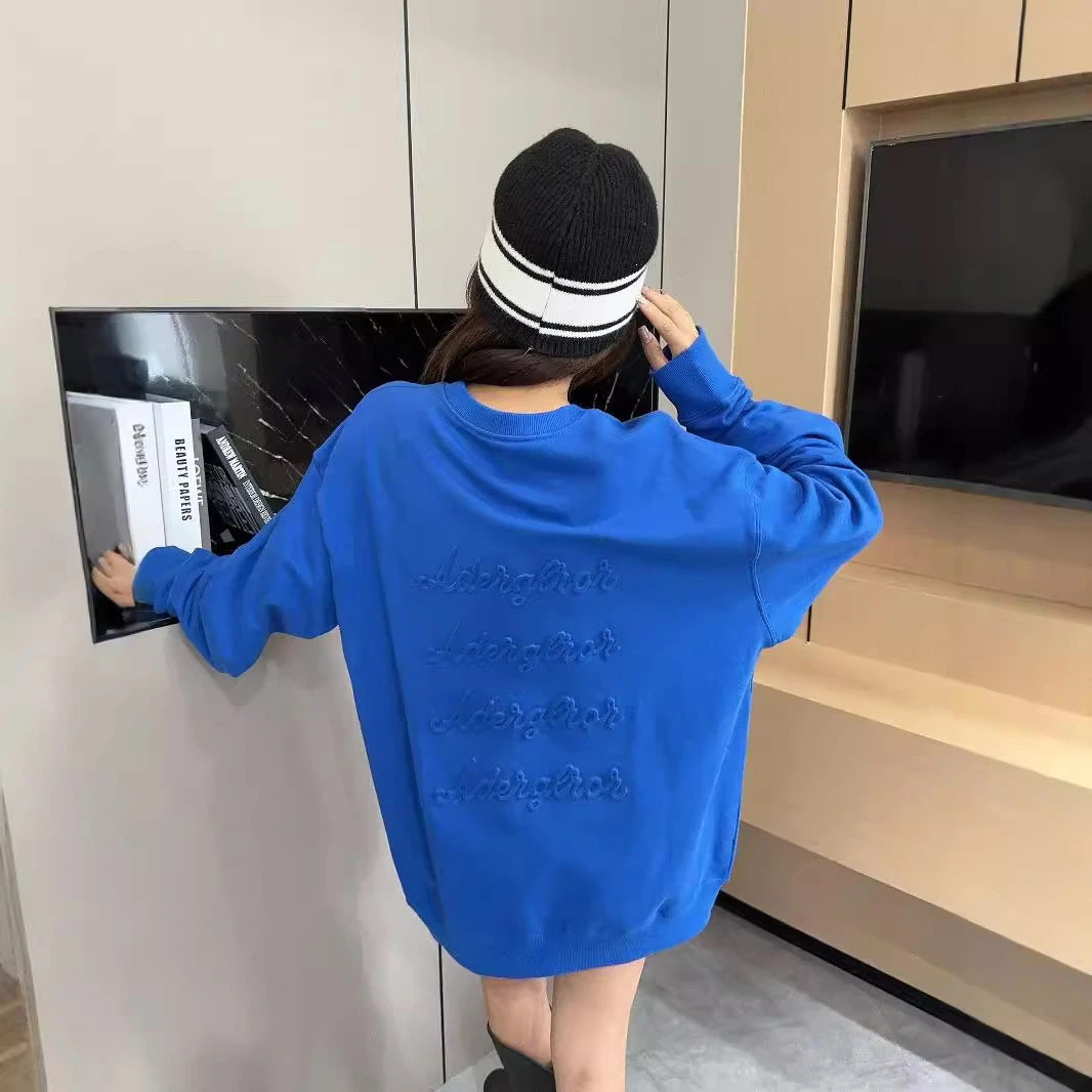 ADER早秋后背浮雕字母宽松圆领套头卫衣纯色简约休闲情侣上衣长袖