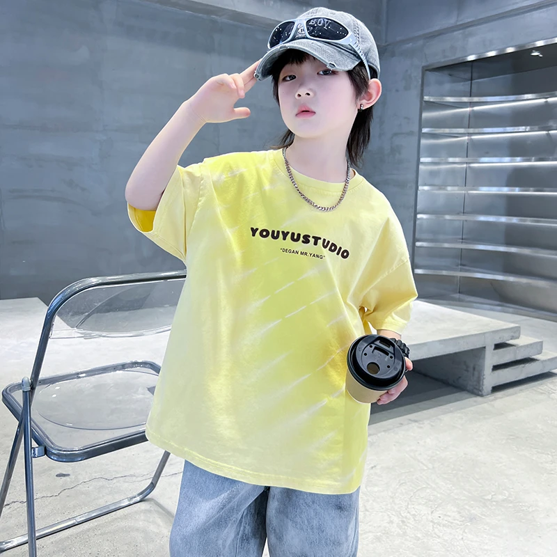 男童短袖t恤夏装2025新款大儿童夏季渐变上衣体恤男孩时髦半袖T潮