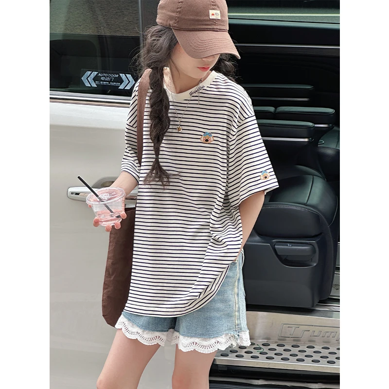 K29212慵懒刺绣女童条纹短袖T恤2025夏装新款儿童休闲宽松上衣潮t