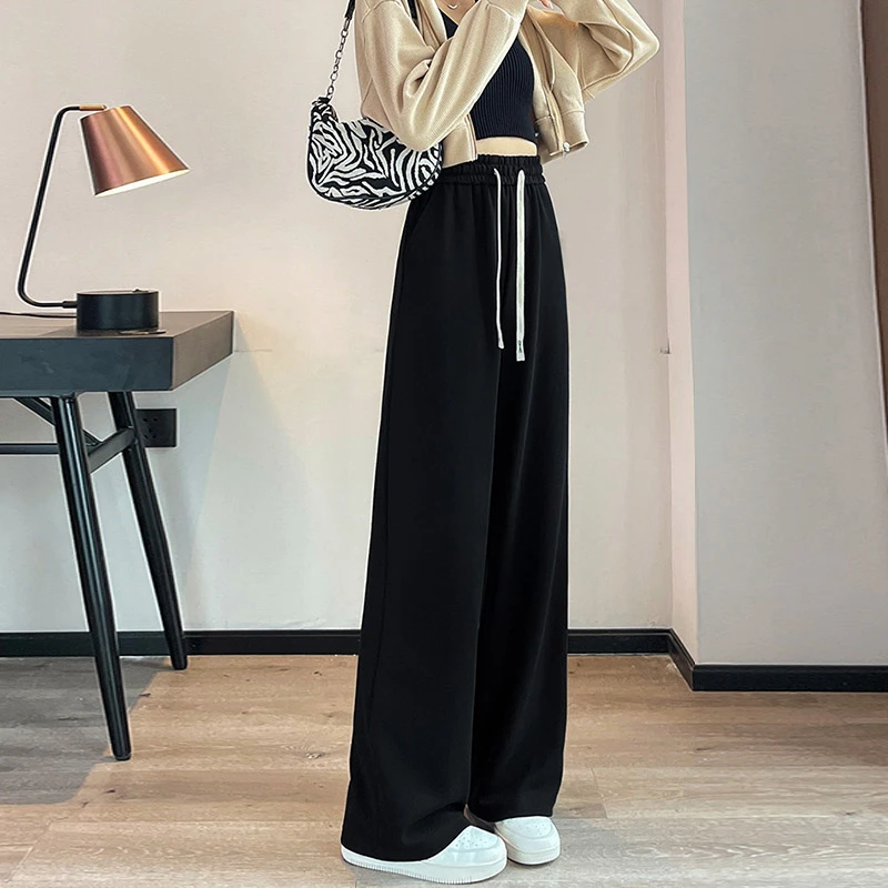 夏季薄款阔腿裤女2025新款高腰宽松卫裤运动休闲黑色直筒裤小个子