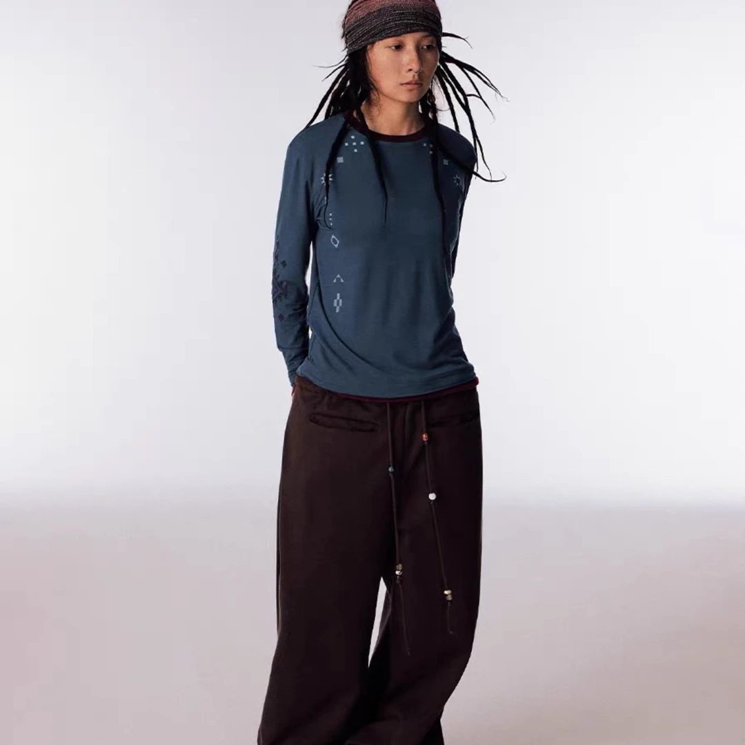 CONP 25AW 图腾印花手工绣羊毛拼接假两件长袖