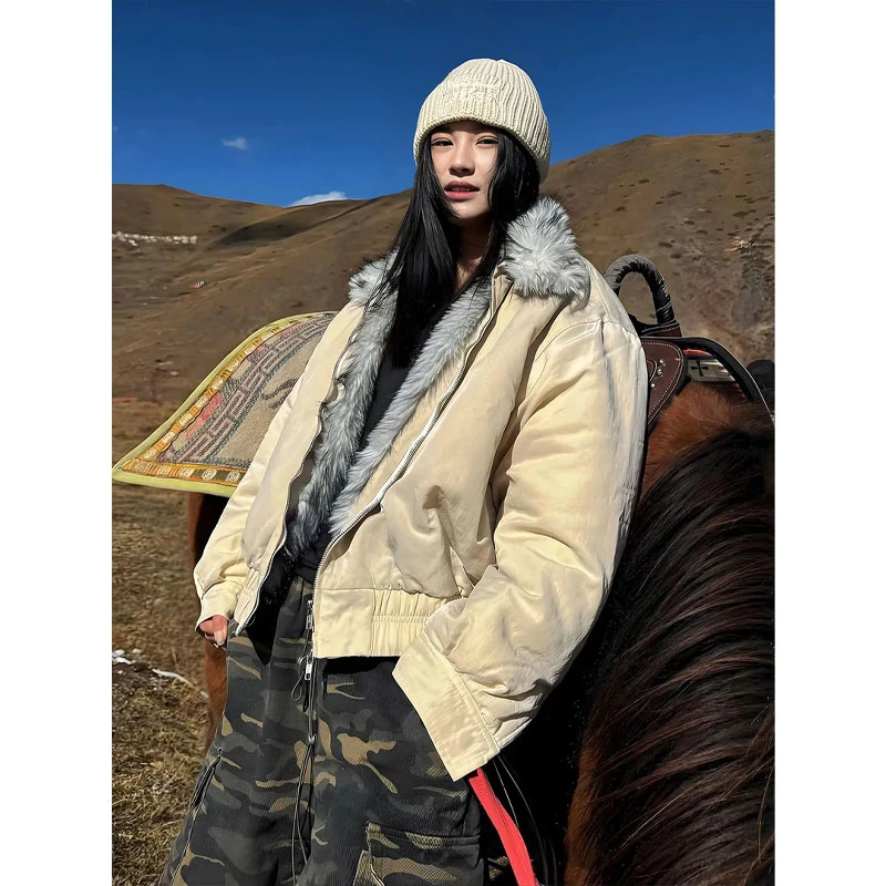 杏色美式短款狼王座山雕外套男女冬季加厚保暖仿狼毛立领毛领棉服