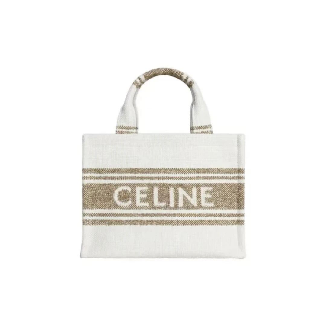 95新 Celine/思琳 GGS托特tote小号米色帆布金扣拼皮93566346