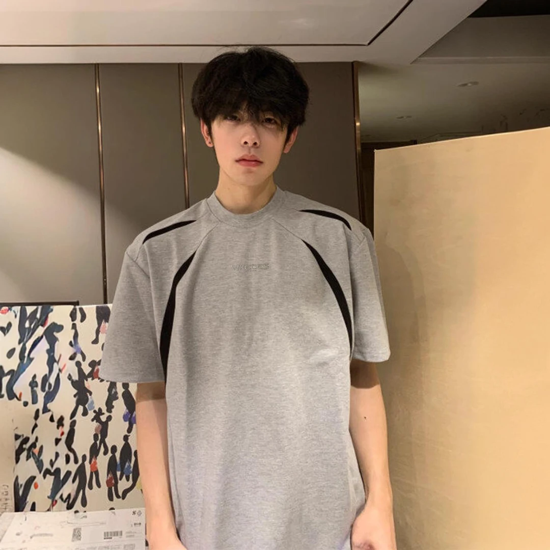 灰色解构拼接设计感短袖t恤男夏季宽松半袖美式重磅正肩百搭t恤