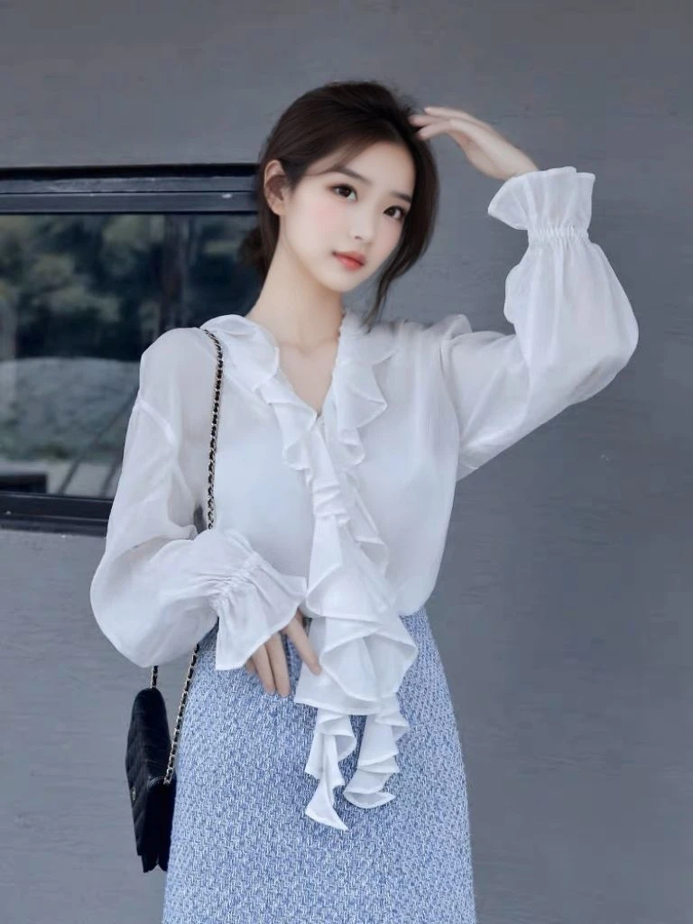 白色雪纺衫女长袖2025春秋季新款打底衬衫小众法式v领荷叶边上衣