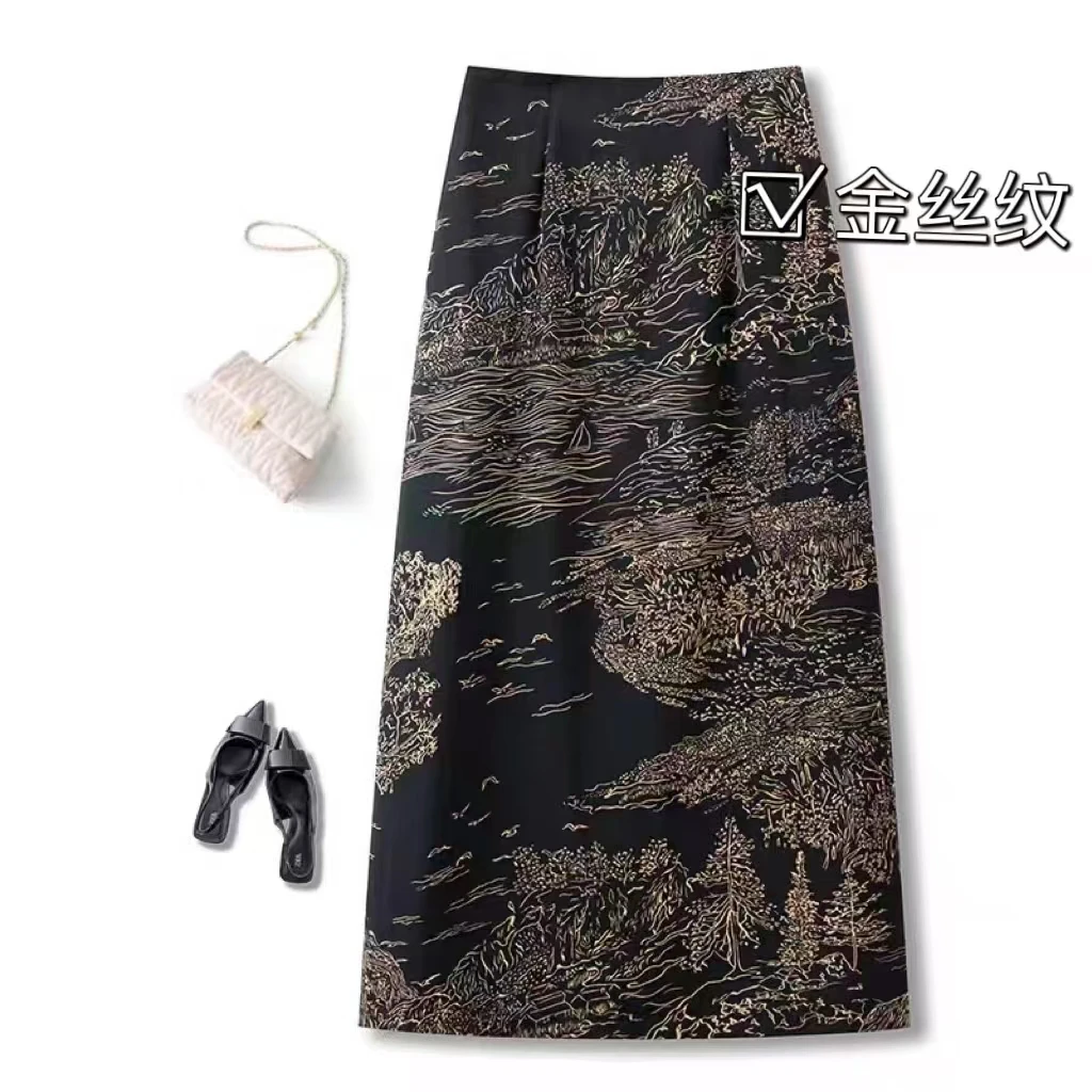 法式高级感花色后开叉修身显瘦中长A字半身裙夏季款