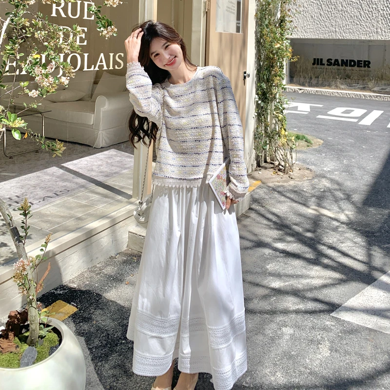 韩系独特气质超好看套装裙女春夏新款彩色条纹针织衫半身裙两件套