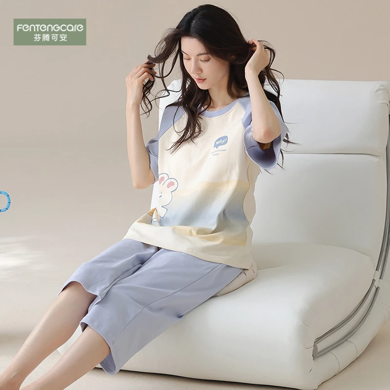 芬腾可安女士睡衣夏季纯棉短袖七分裤圆领学生宽松可爱家居服套装