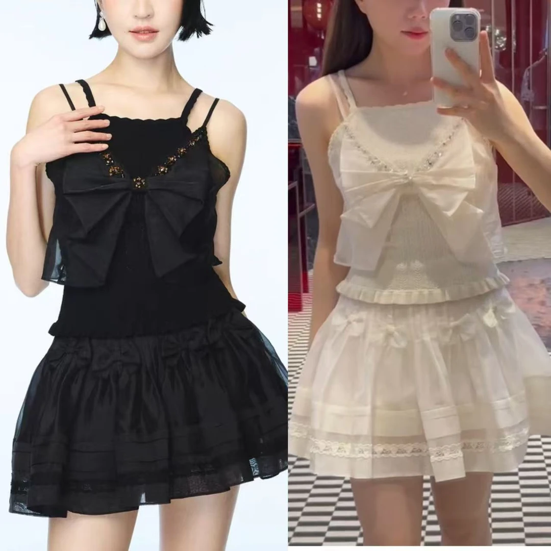 木子店黑色白色蝴蝶结刺绣上衣蓬蓬裙