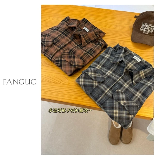 韩国Lerob*美拉德 美式复古慵懒风磨毛口袋宽松休闲格子衬衫33229