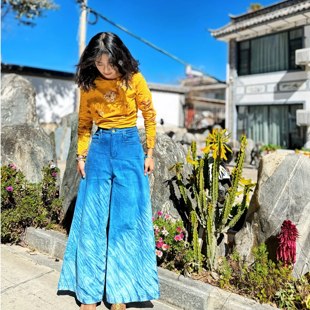 【大理蓝窝】长绒棉扎染阔腿蓝色牛仔裤纯植物染原创设计时尚百搭