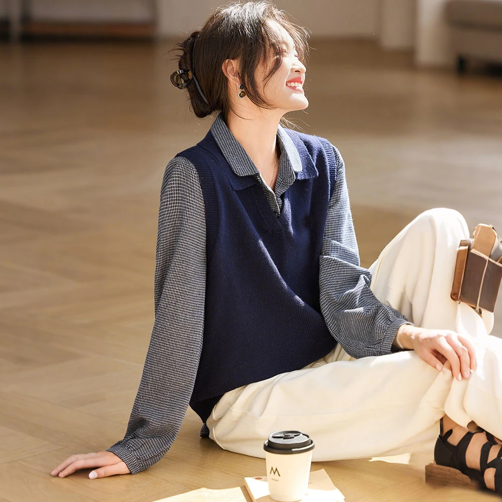 韩系宽松减龄春秋新款套装女休闲格子长袖衬衫+针织马甲两件套潮