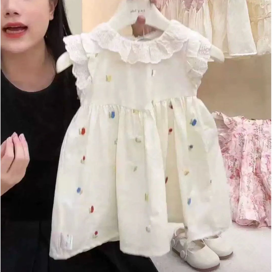 女童连衣裙夏季新款韩版甜美公主裙花边领彩色绣花棉布裙白色童装