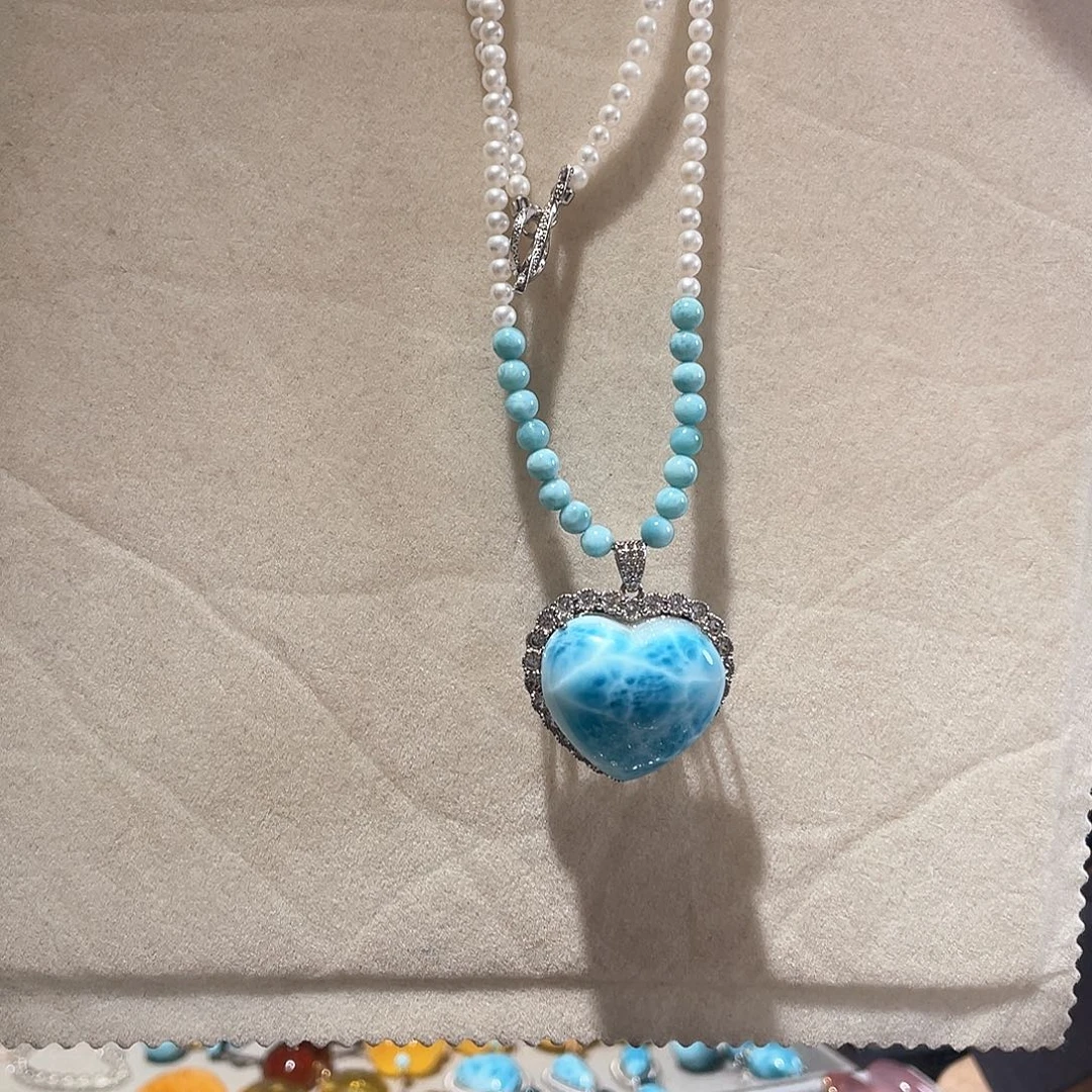 针钠钙石（海纹石）银S925镶嵌颈饰大气款