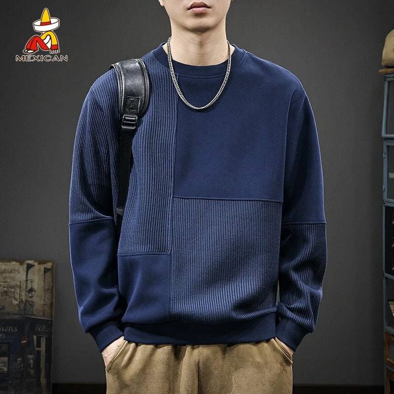 Mexican/稻草人秋季潮牌圆领卫衣男款美式拼接宽松休闲长袖上衣潮