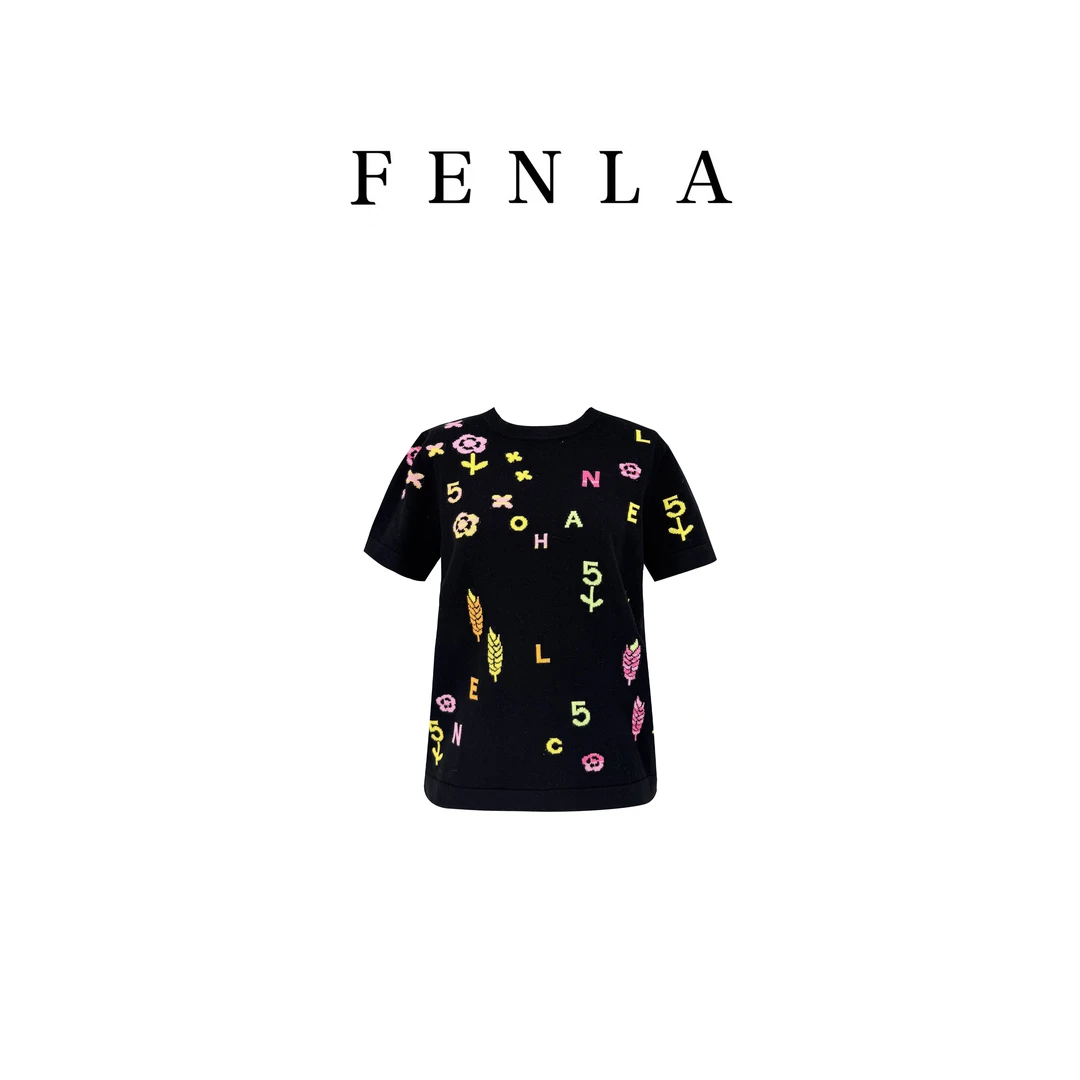【惠姐私服】｛粉夏｝黑色麦穗字母绣花短袖时尚棉质T恤 83531