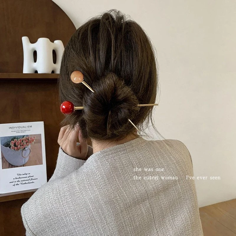 圆球金属发簪女丸子头懒人盘发神器简约现代发钗日常佩戴百搭簪