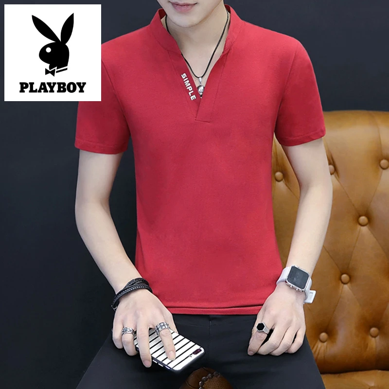 花花公子短袖t恤男夏季新款潮牌潮流V领白色冰丝体桖半袖打底衫百