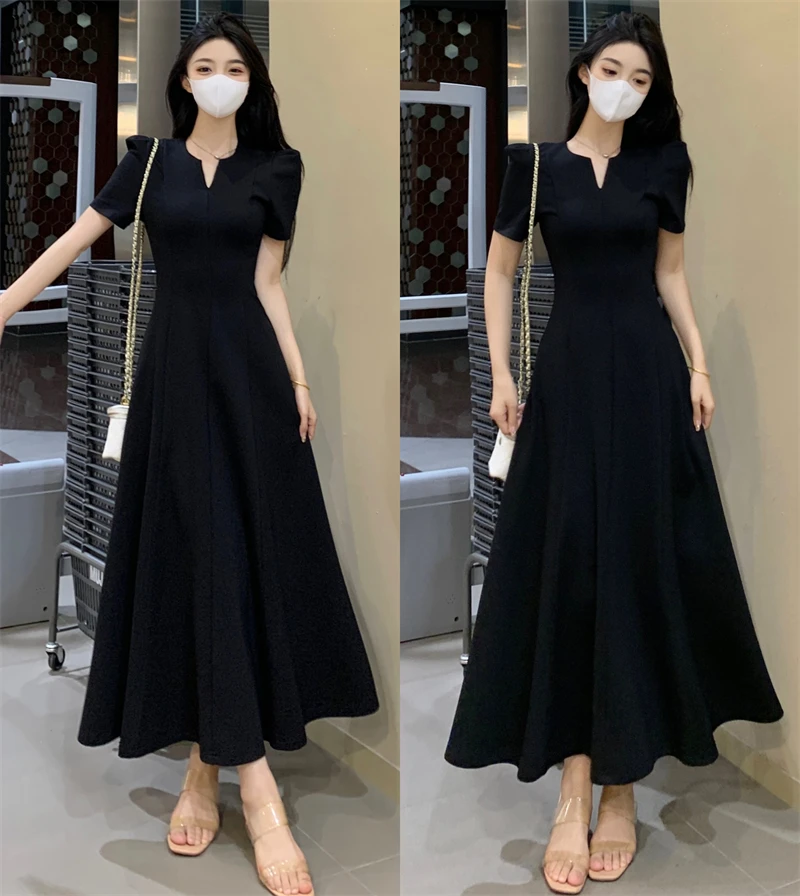 大码胖mm法式正肩小V领黑色短袖连衣裙夏季高级感收腰显瘦长裙子