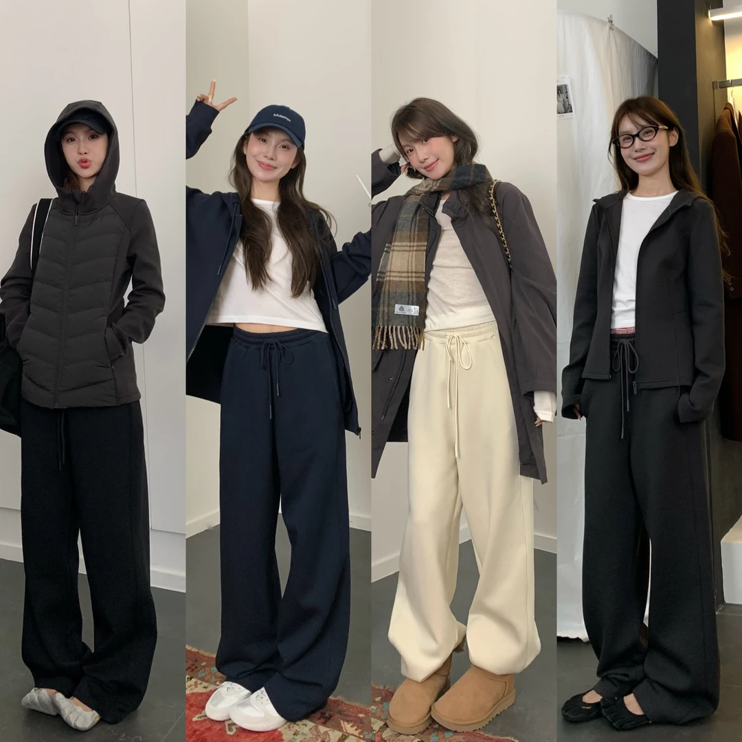 舒适空气层阔腿卫裤女秋冬慵懒松弛感休闲百搭松紧腰抽绳裤 FY367